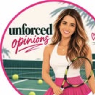 Illustration of Jessica Rubin on a tennis court in a white tank and hot-pink tennis skirt, holding a racket, with palm trees behind her